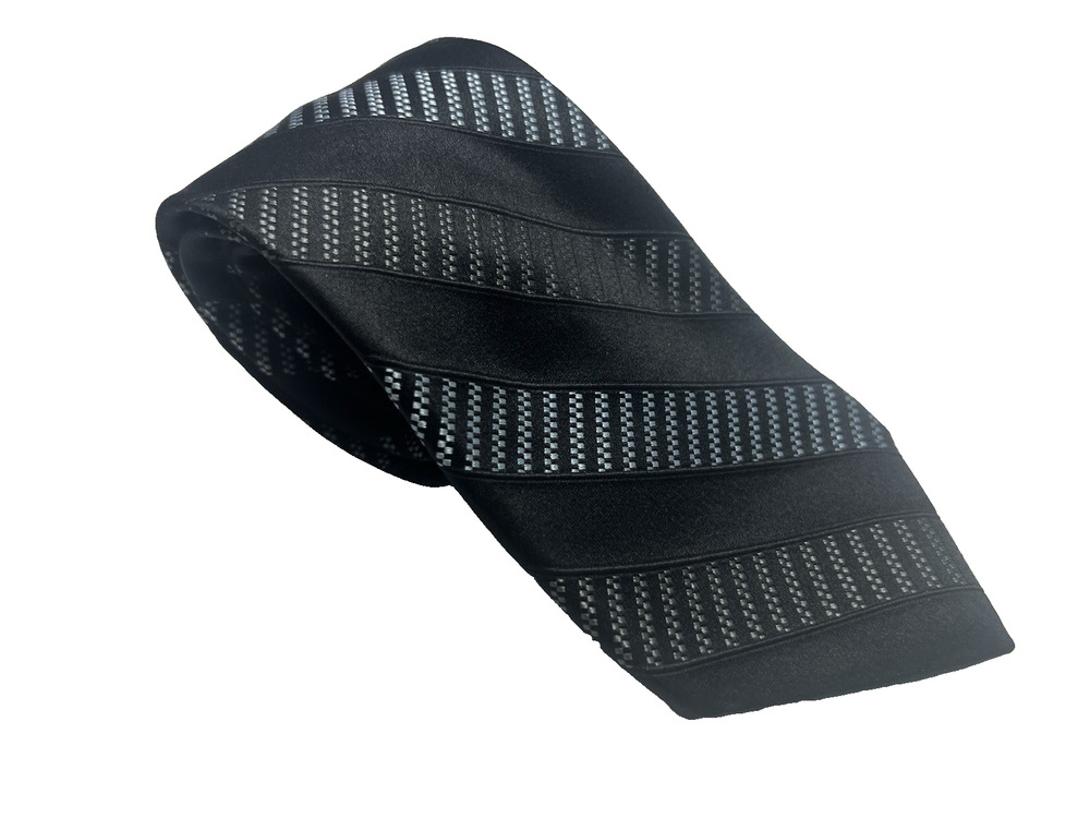 Michael Kors Men's Necktie Black Blue Diagonal Striped Textured Grid 100% Silk